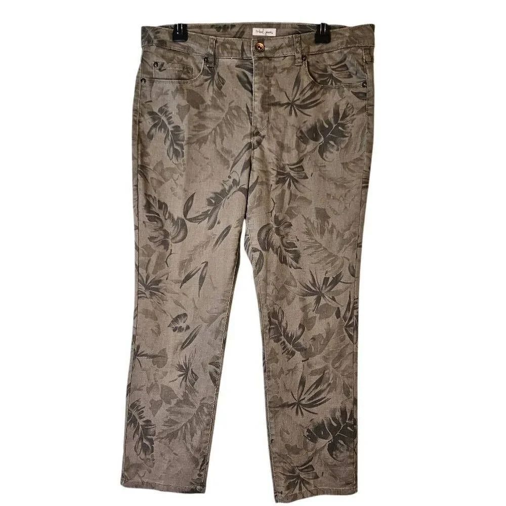 Tribal jeans green tropical leaf print, cropped. 14. #963